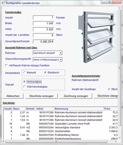 Angebotserstellung - Abbildung 3: Konfigurationsdialog Lamellenfenster