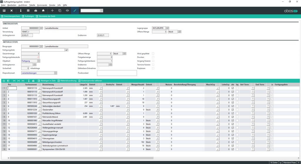 CPQ-Software: Fertigungsliste in abas ERP erzeugt von der ACBIS Toolbox (Konfiguration und CPQ)
